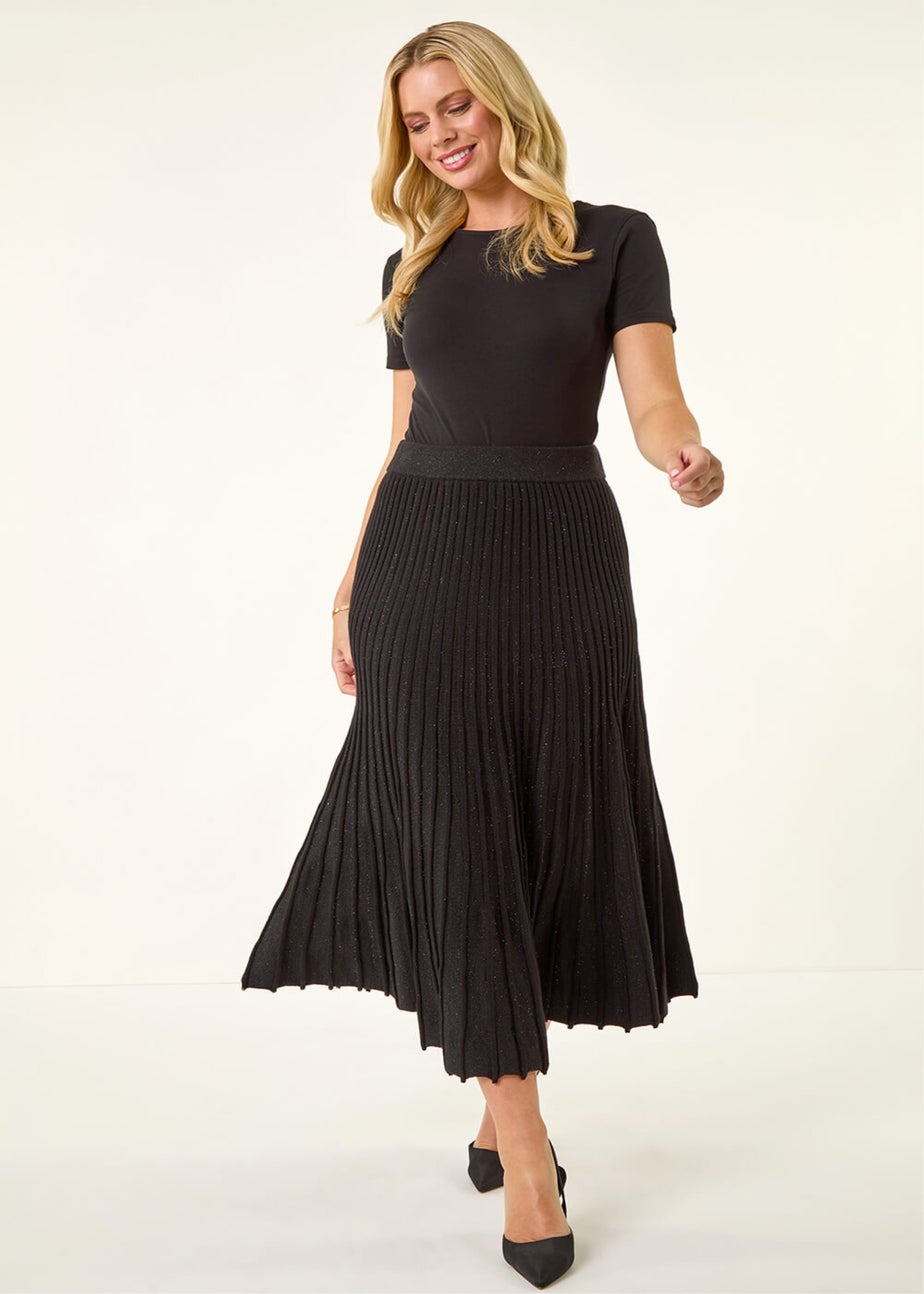 Roman Black Petite Metallic Knit Midi Skirt