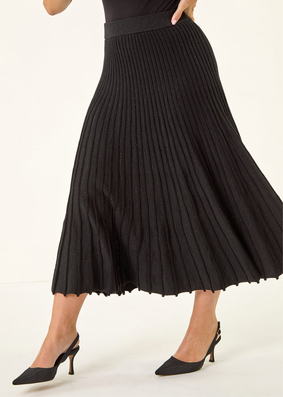 Roman Black Petite Metallic Knit Midi Skirt