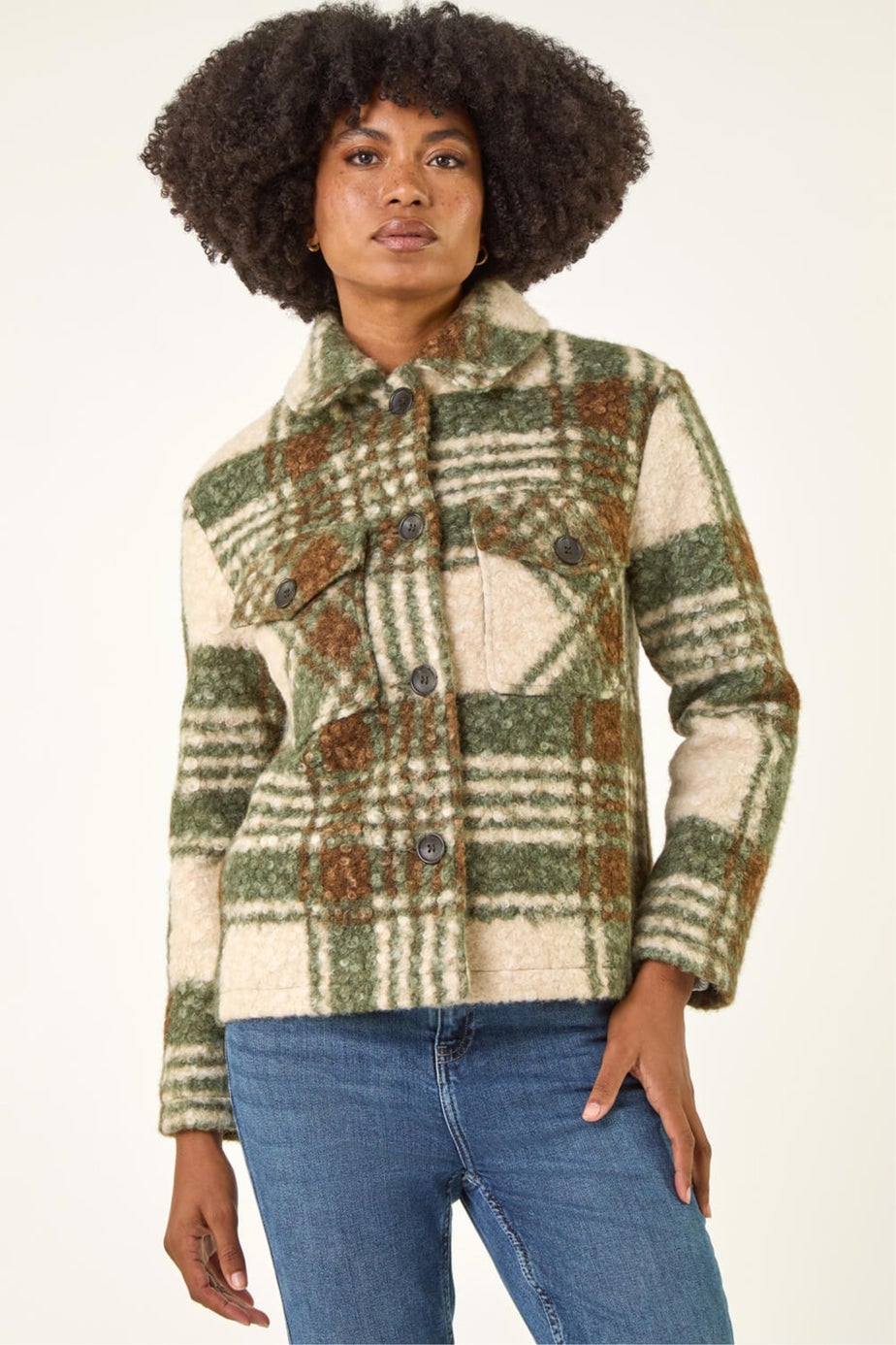 Roman Green Check Print Button Borg Jacket