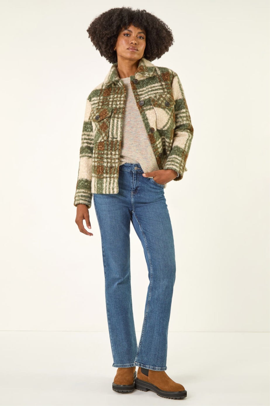 Roman Green Check Print Button Borg Jacket