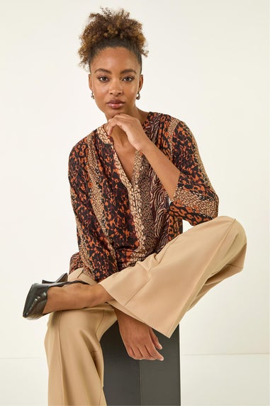 Roman Tan Abstract Print V-Neck Stretch Top