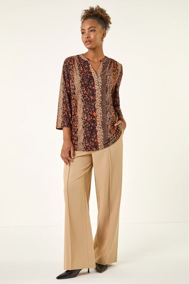 Roman Tan Abstract Print V-Neck Stretch Top