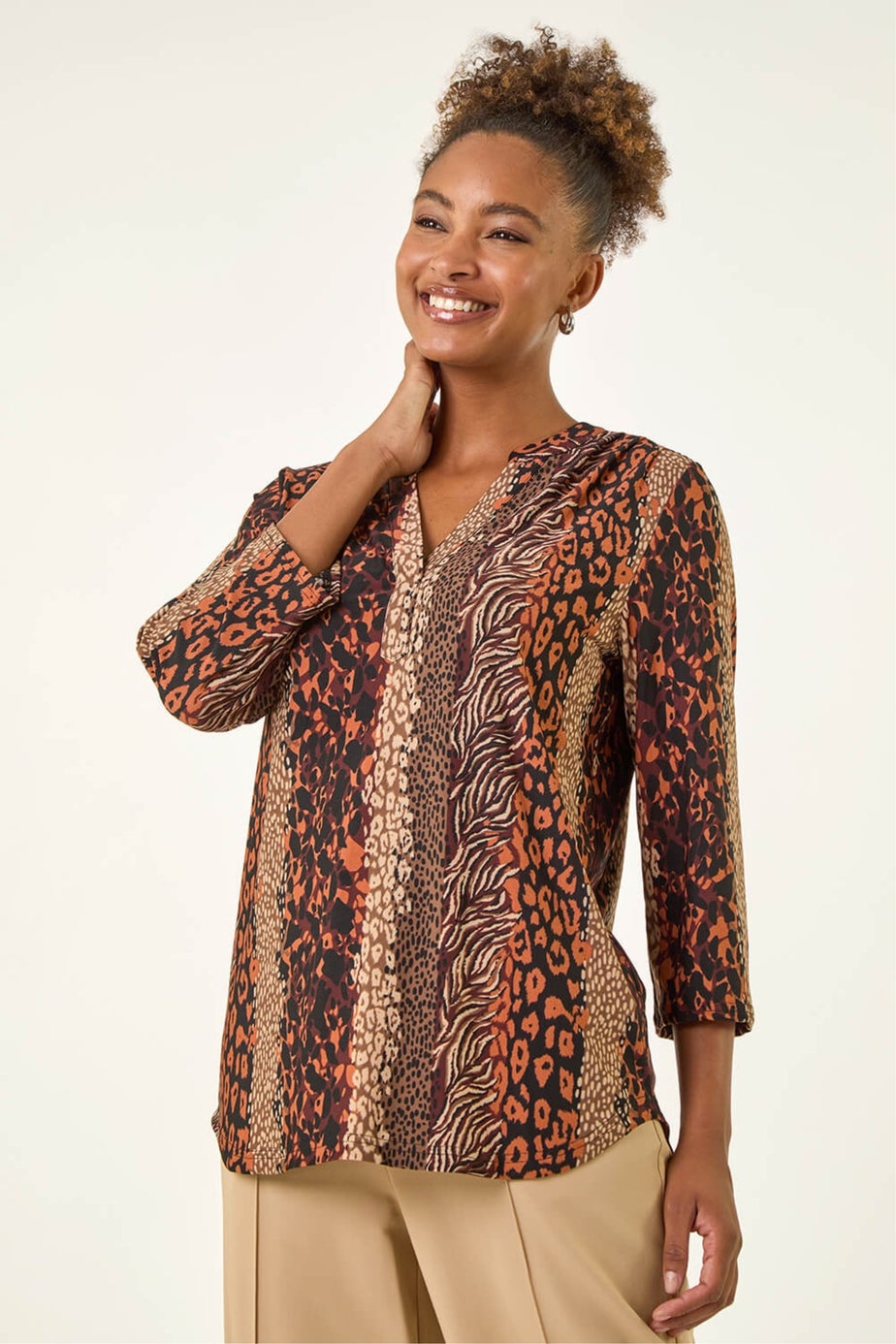 Roman Tan Abstract Print V-Neck Stretch Top