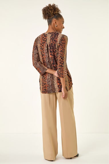 Roman Tan Abstract Print V-Neck Stretch Top