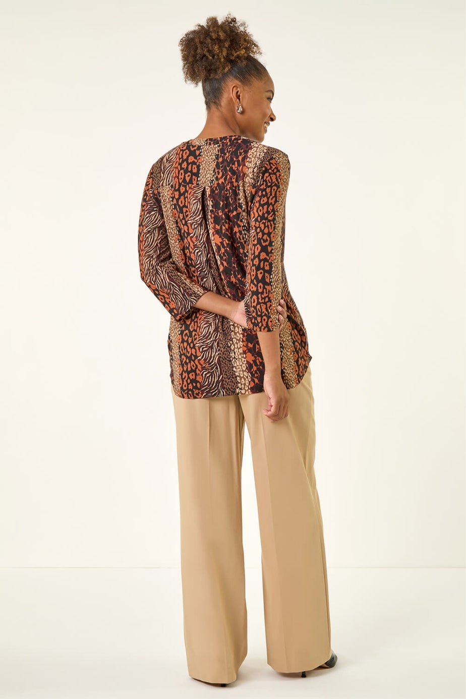 Roman Tan Abstract Print V-Neck Stretch Top