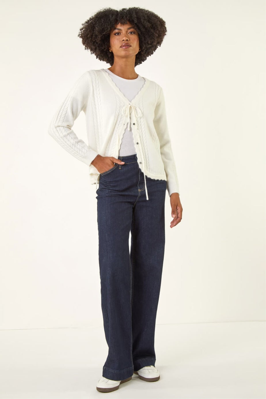 Roman Ivory Bow Front Buttoned Knit Cardigan