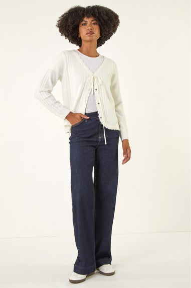 Roman Ivory Bow Front Buttoned Knit Cardigan