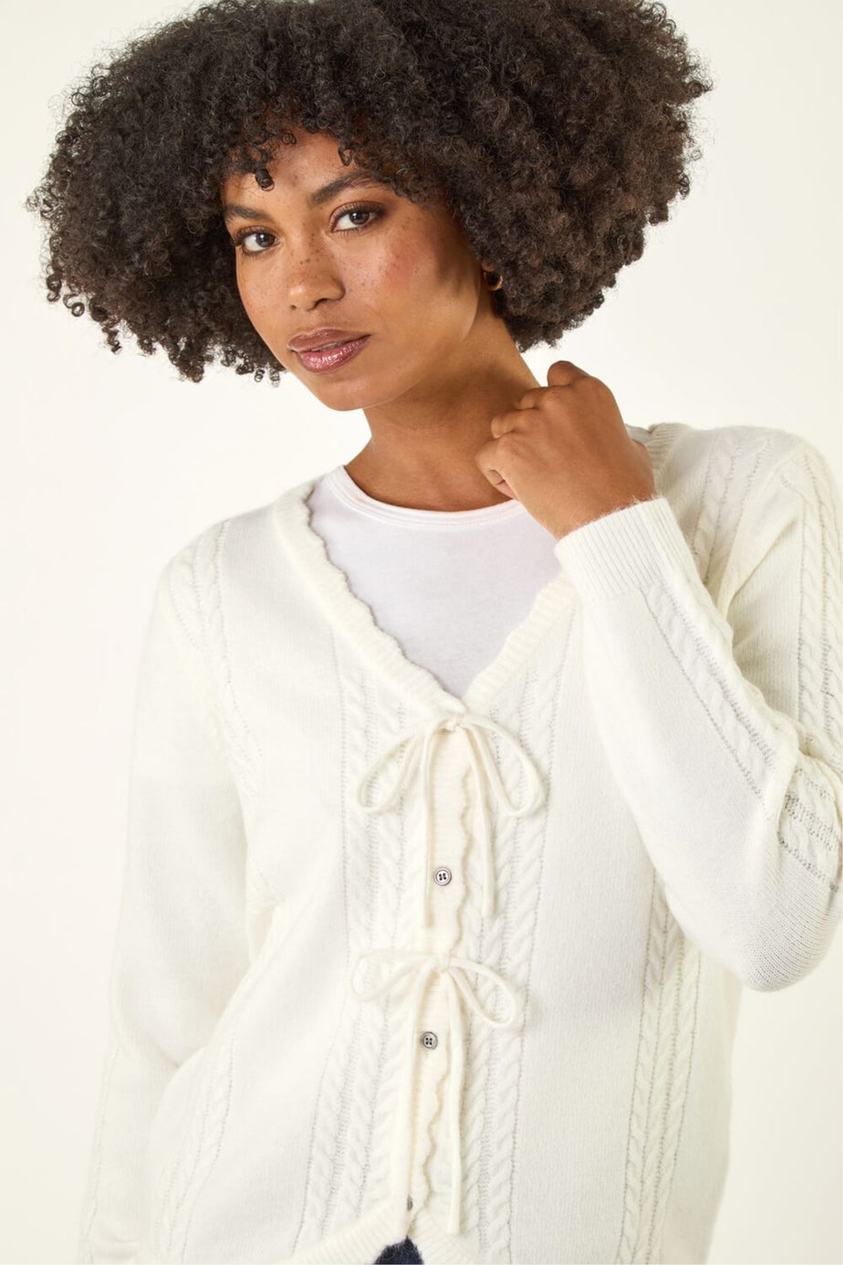 Roman Ivory Bow Front Buttoned Knit Cardigan