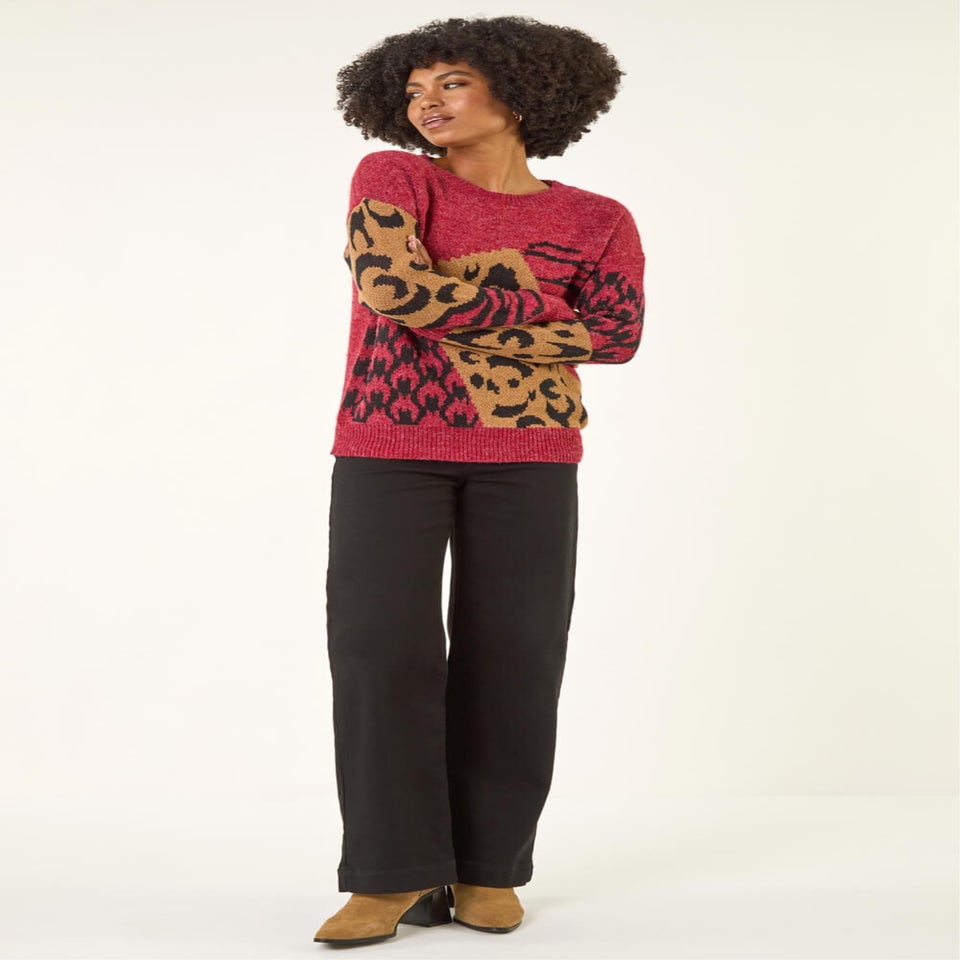 Roman Maroon Colour Block Abstract Knit Jumper