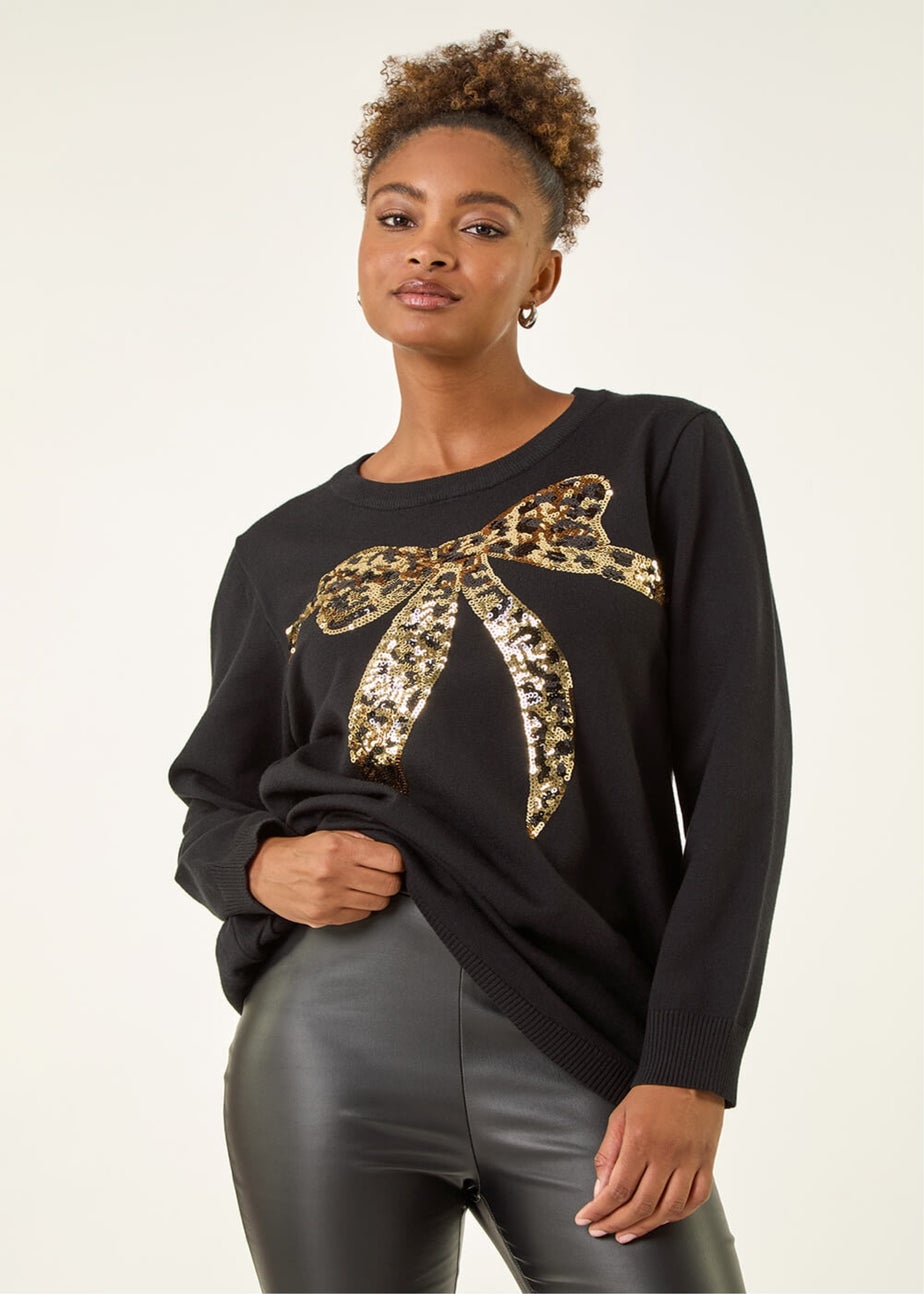 Roman Black Sequin Animal Bow Knit Jumper