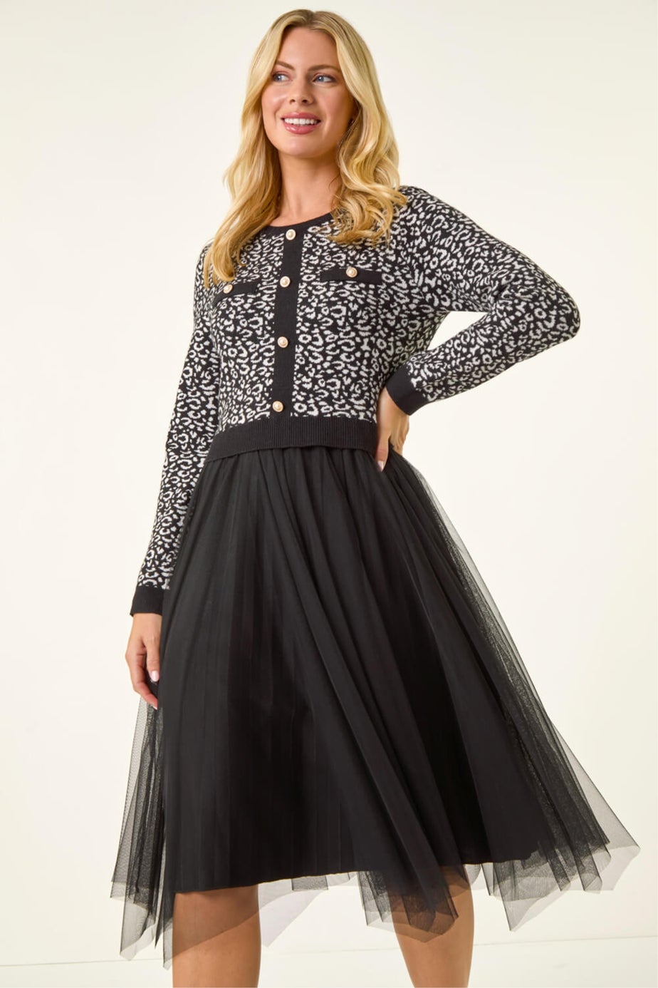 Roman Black Petite Animal Knitted Mesh Dress