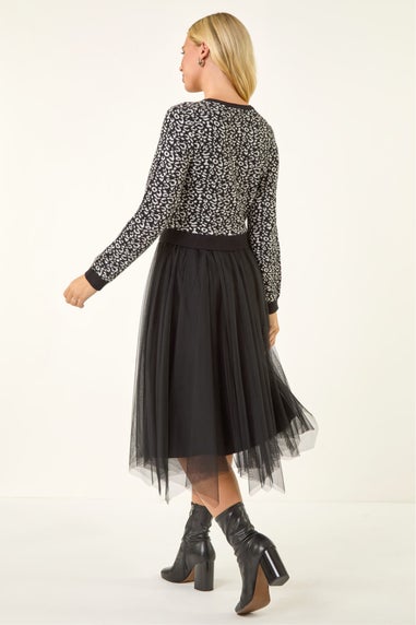 Roman Black Petite Animal Knitted Mesh Dress