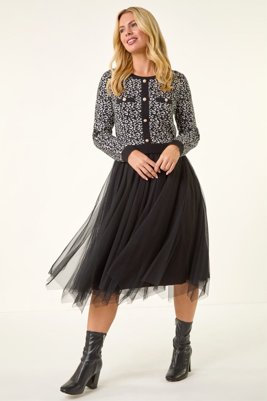 Roman Black Petite Animal Knitted Mesh Dress