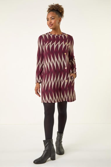 Roman Wine Zig Zag Buttoned Side Dress