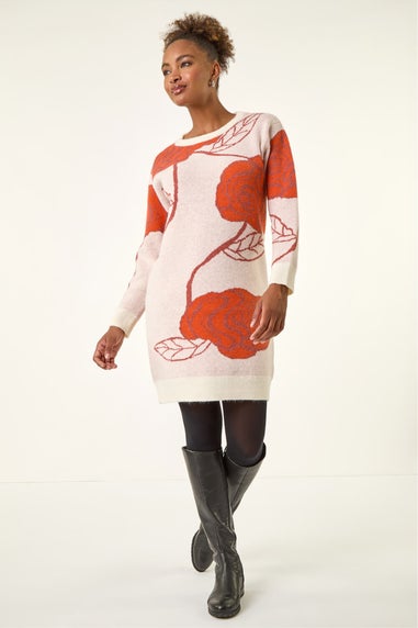 Roman Dark Orange Rose Print Knitted Shift Dress