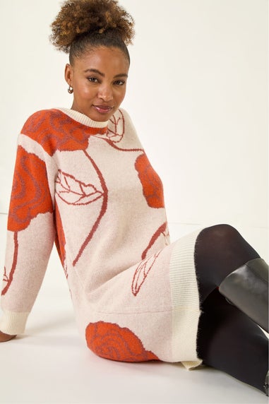 Roman Dark Orange Rose Print Knitted Shift Dress
