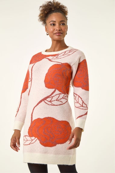 Roman Dark Orange Rose Print Knitted Shift Dress