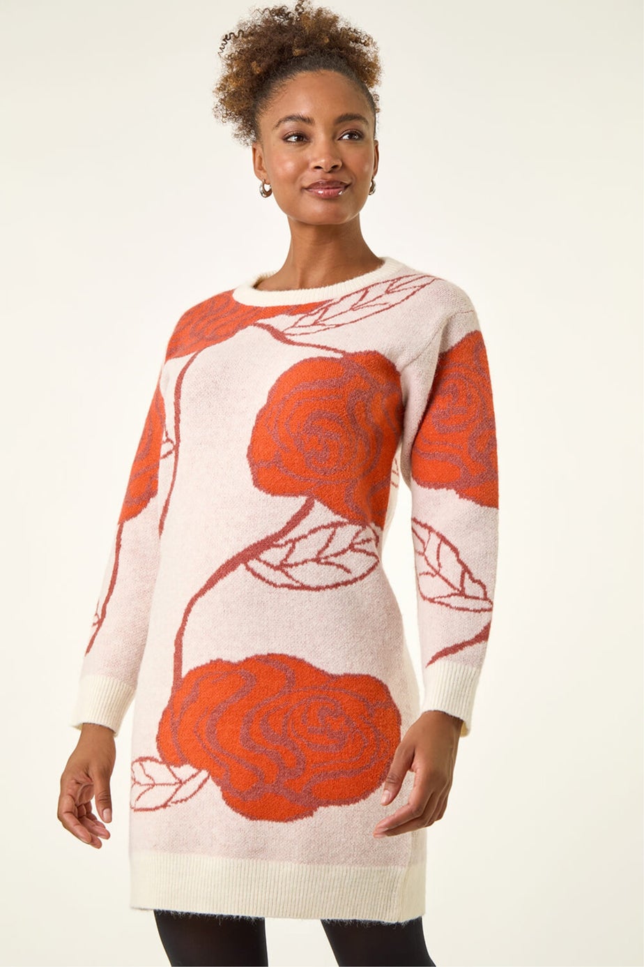 Roman Dark Orange Rose Print Knitted Shift Dress