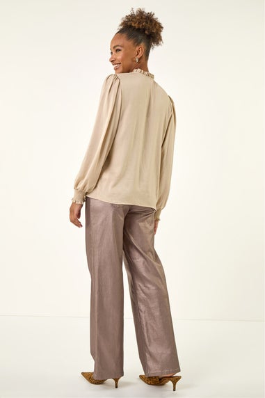 Roman Stone Satin Pleated Tie Neck Top