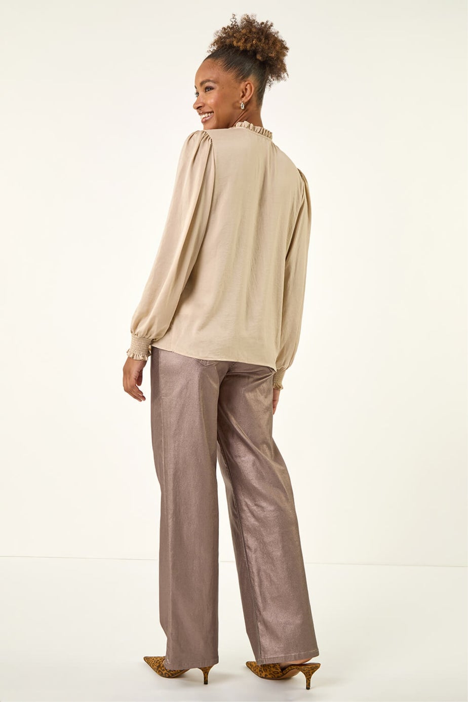 Roman Stone Satin Pleated Tie Neck Top