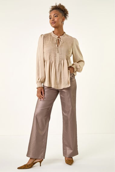 Roman Stone Satin Pleated Tie Neck Top