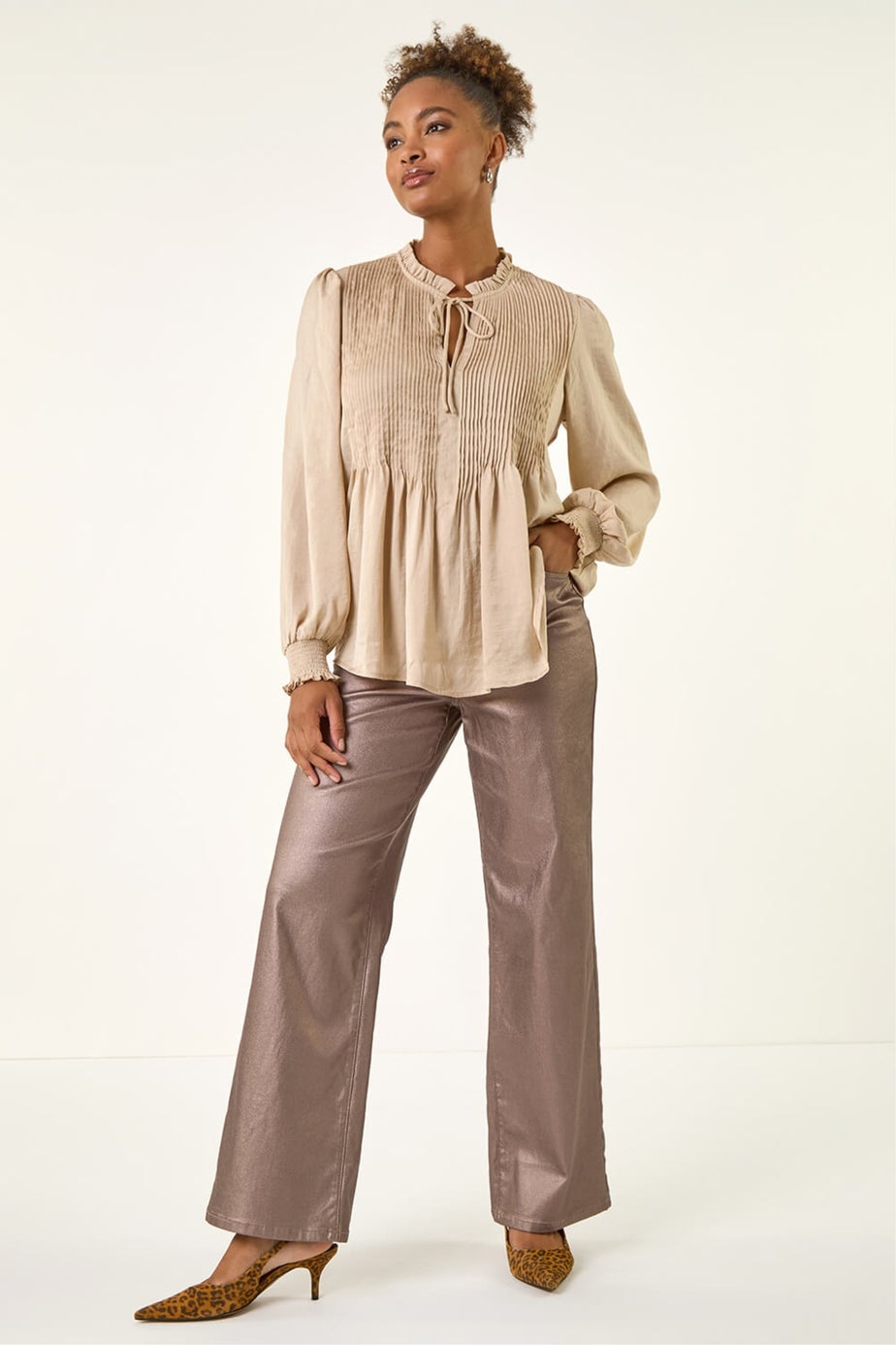 Roman Stone Satin Pleated Tie Neck Top