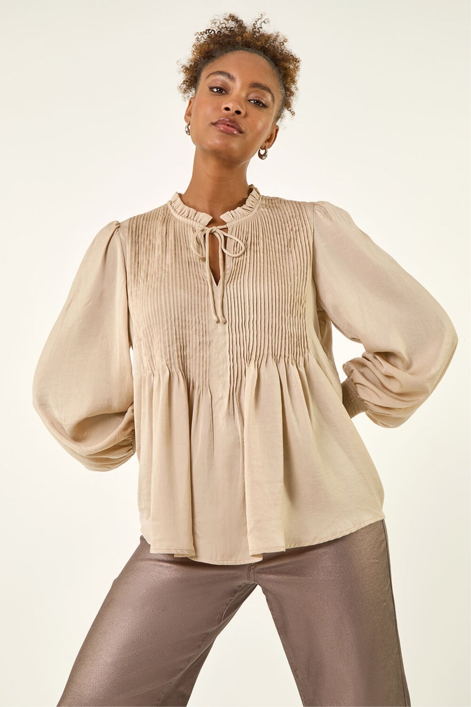 Roman Stone Satin Pleated Tie Neck Top