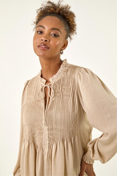 Roman Stone Satin Pleated Tie Neck Top