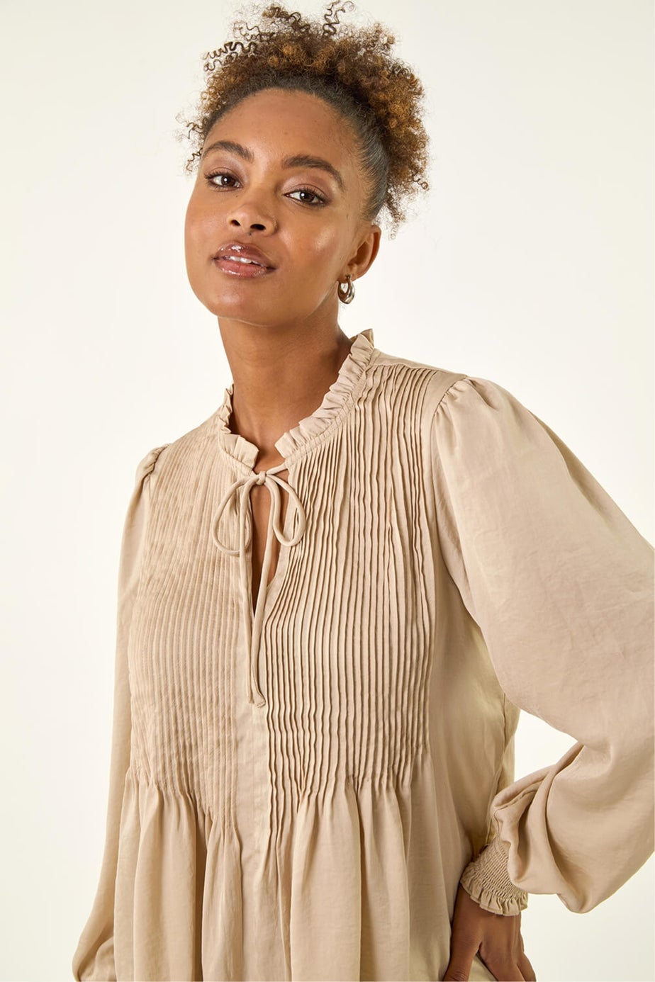 Roman Stone Satin Pleated Tie Neck Top