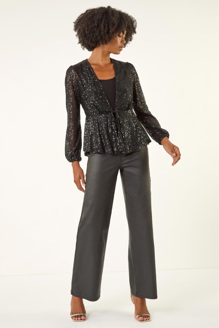 Roman Black Sequin Tie Front Stretch Top