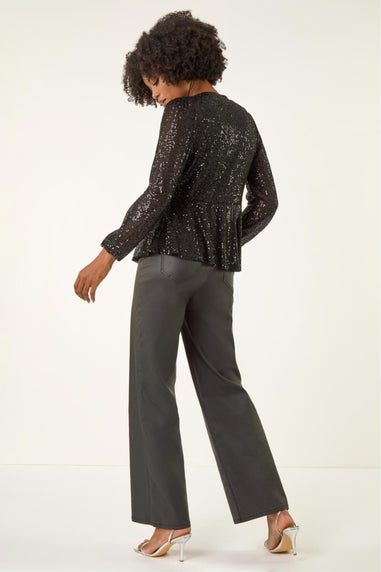 Roman Black Sequin Tie Front Stretch Top