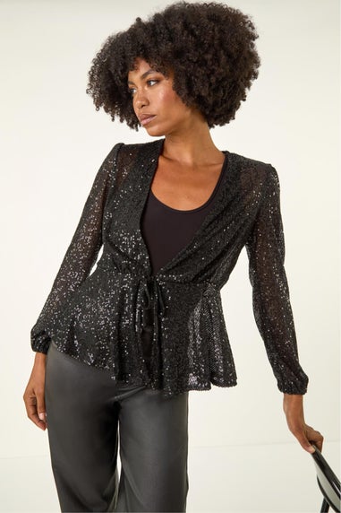 Roman Black Sequin Tie Front Stretch Top