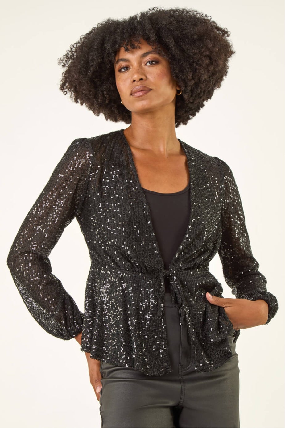 Roman Black Sequin Tie Front Stretch Top