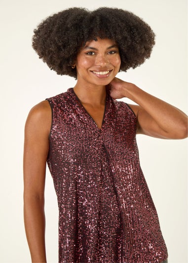 Roman Rose Sequin Pleat Front Vest Top