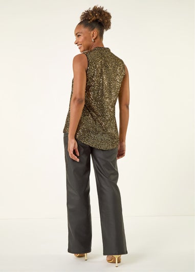 Roman Gold Sequin Pleat Front Vest Top
