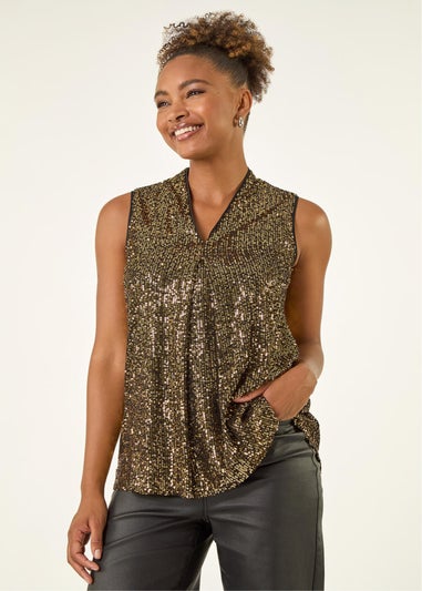 Roman Gold Sequin Pleat Front Vest Top
