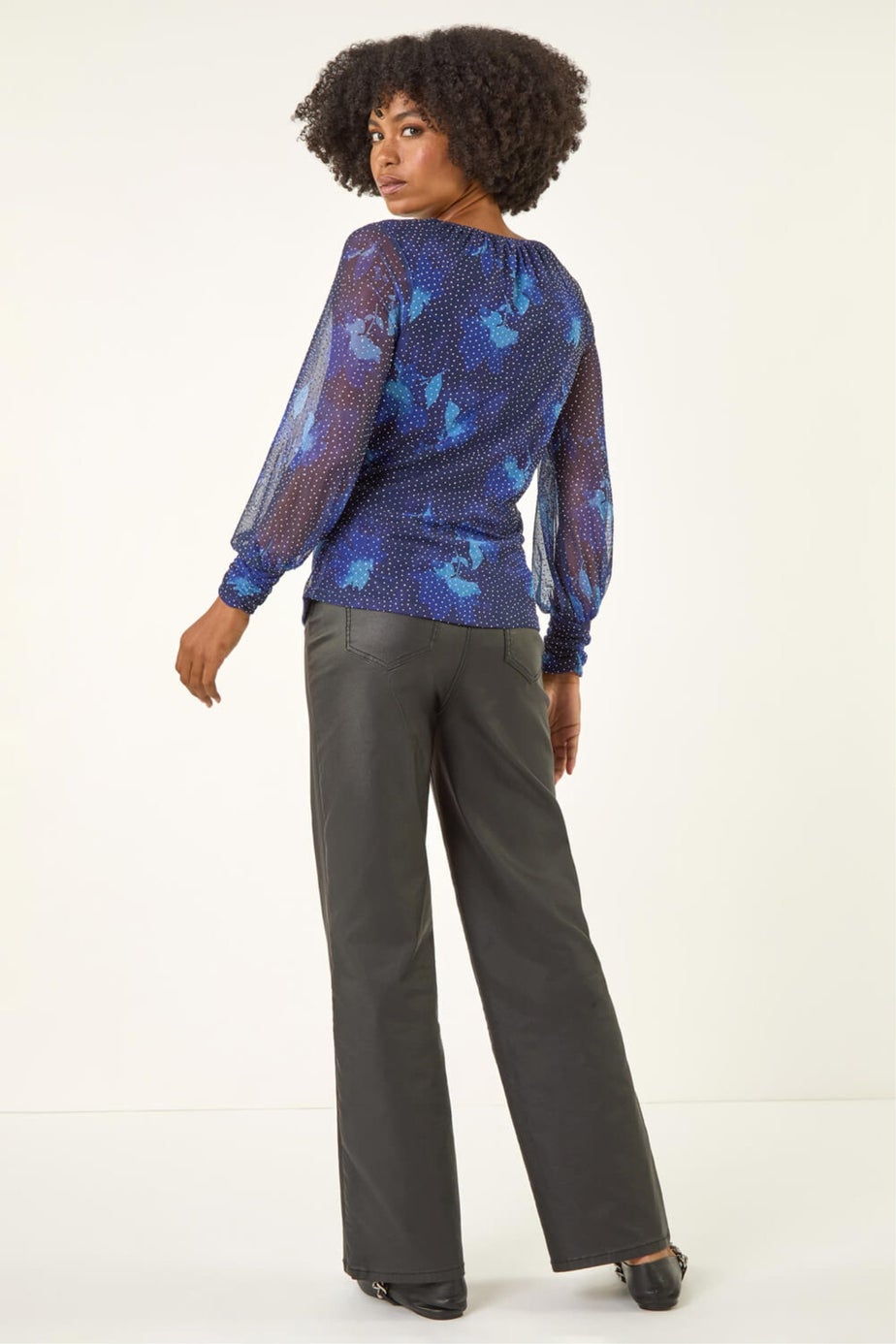 Roman Navy Printed Stud Mesh Stretch Top