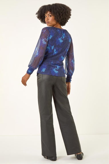 Roman Navy Printed Stud Mesh Stretch Top