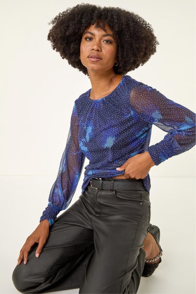 Roman Navy Printed Stud Mesh Stretch Top