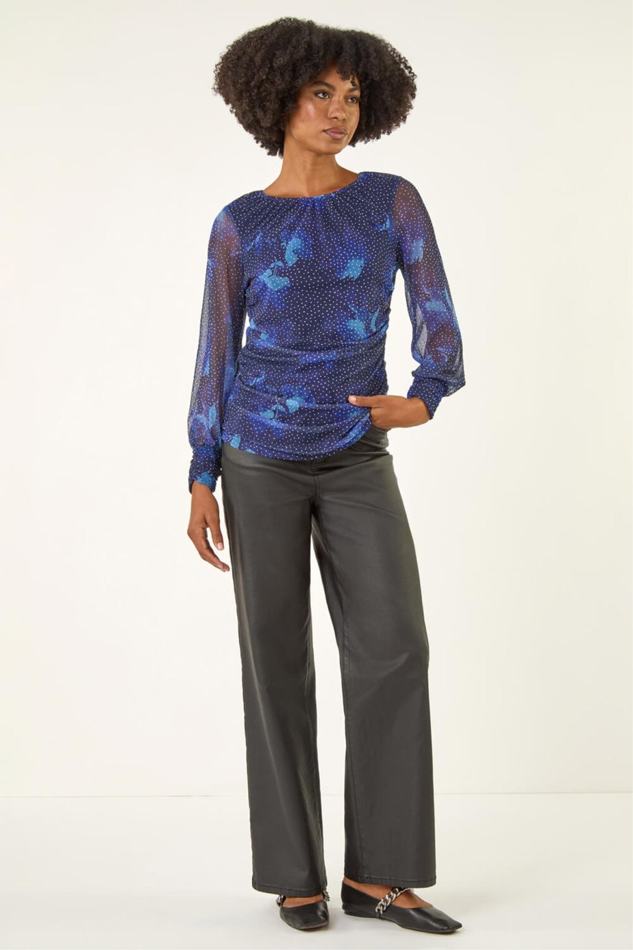 Roman Navy Printed Stud Mesh Stretch Top