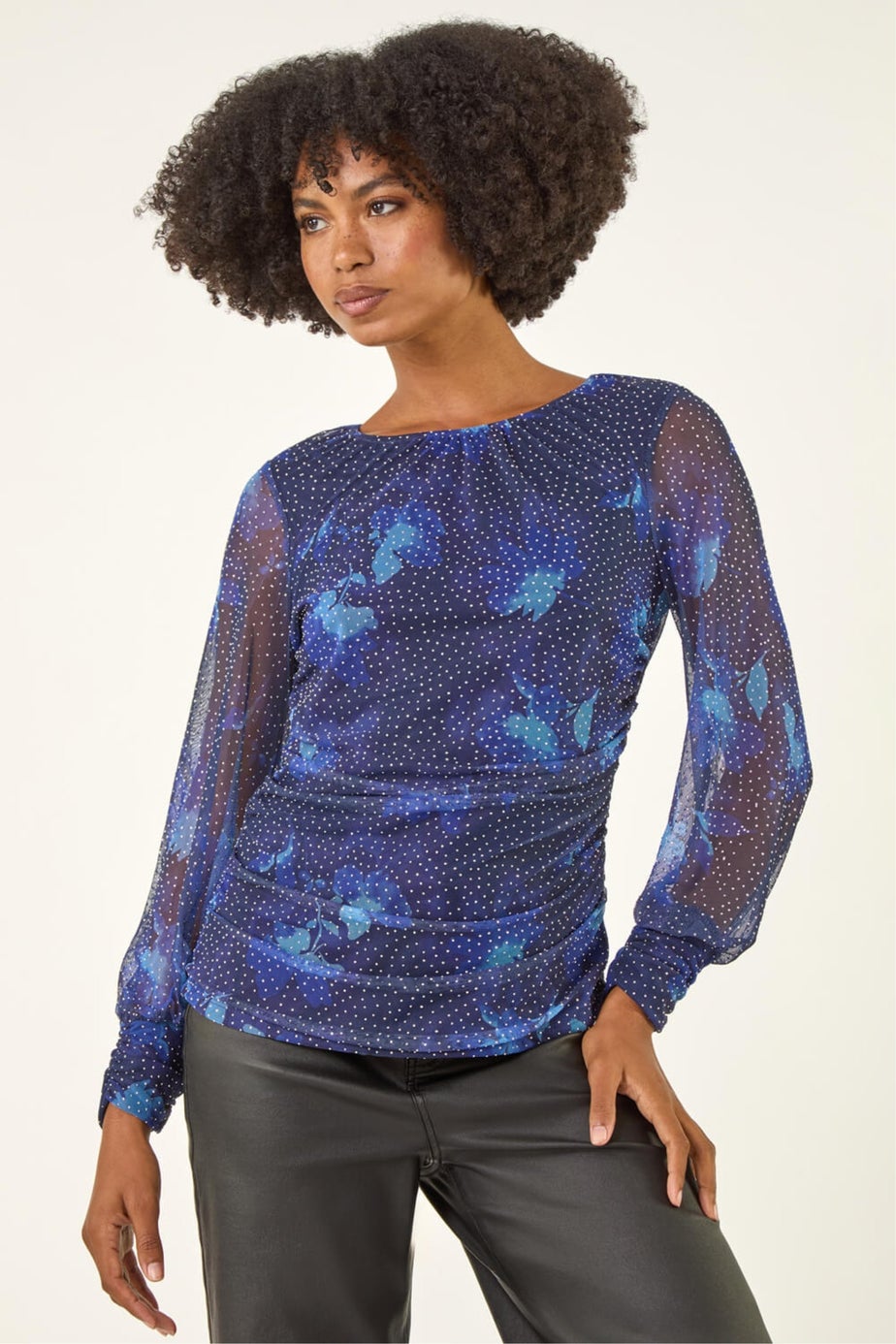 Roman Navy Printed Stud Mesh Stretch Top