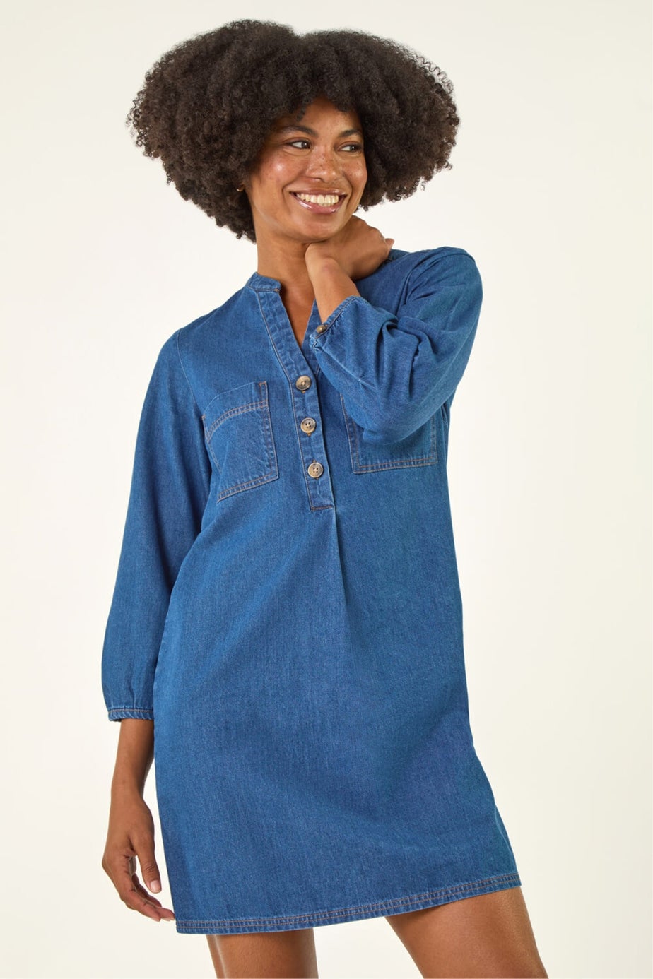 Roman Denim Cotton Denim Button Shift Dress