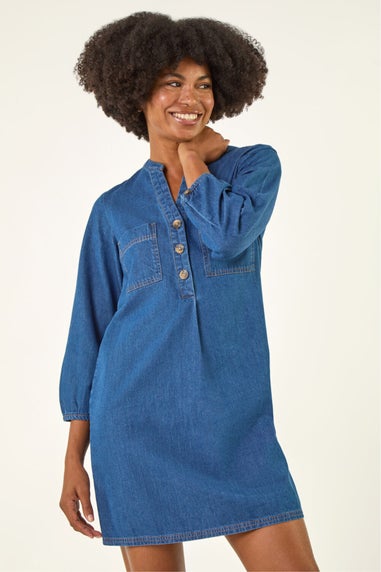 Roman Denim Cotton Denim Button Shift Dress