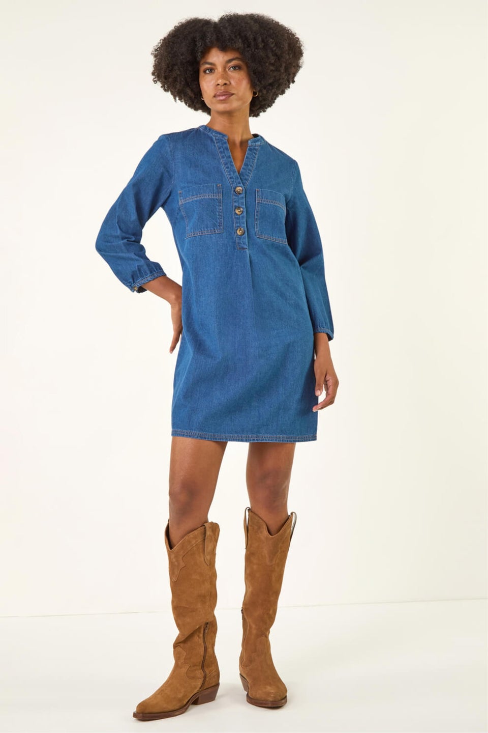 Roman Denim Cotton Denim Button Shift Dress