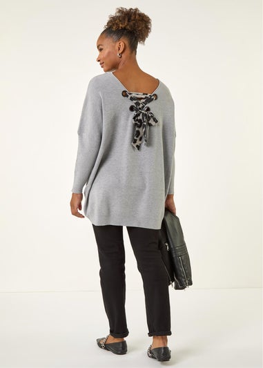Roman Light Grey Animal Print Eyelet Back Knit Jumper