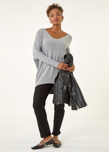 Roman Light Grey Animal Print Eyelet Back Knit Jumper