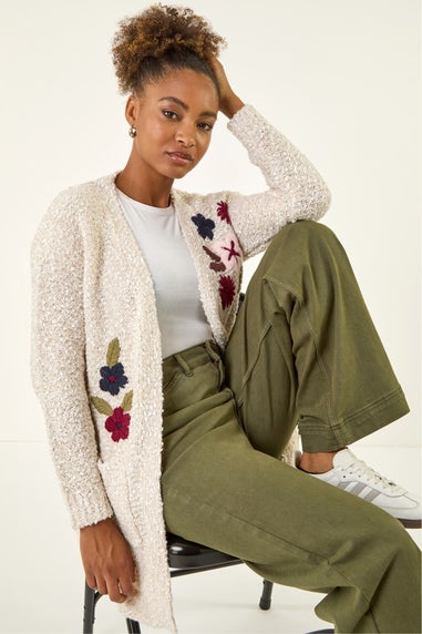 Roman Ivory Embroidered Floral Knit Cardigan
