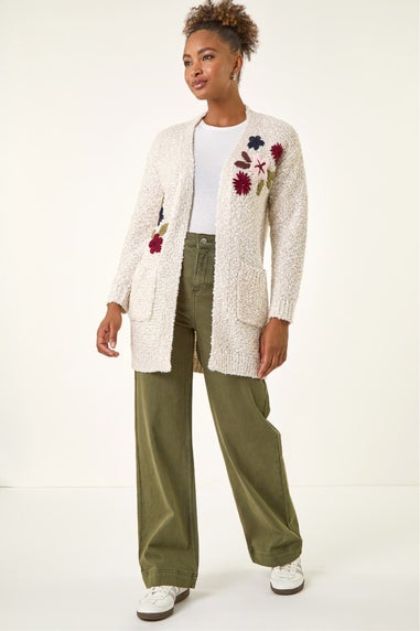 Roman Ivory Embroidered Floral Knit Cardigan