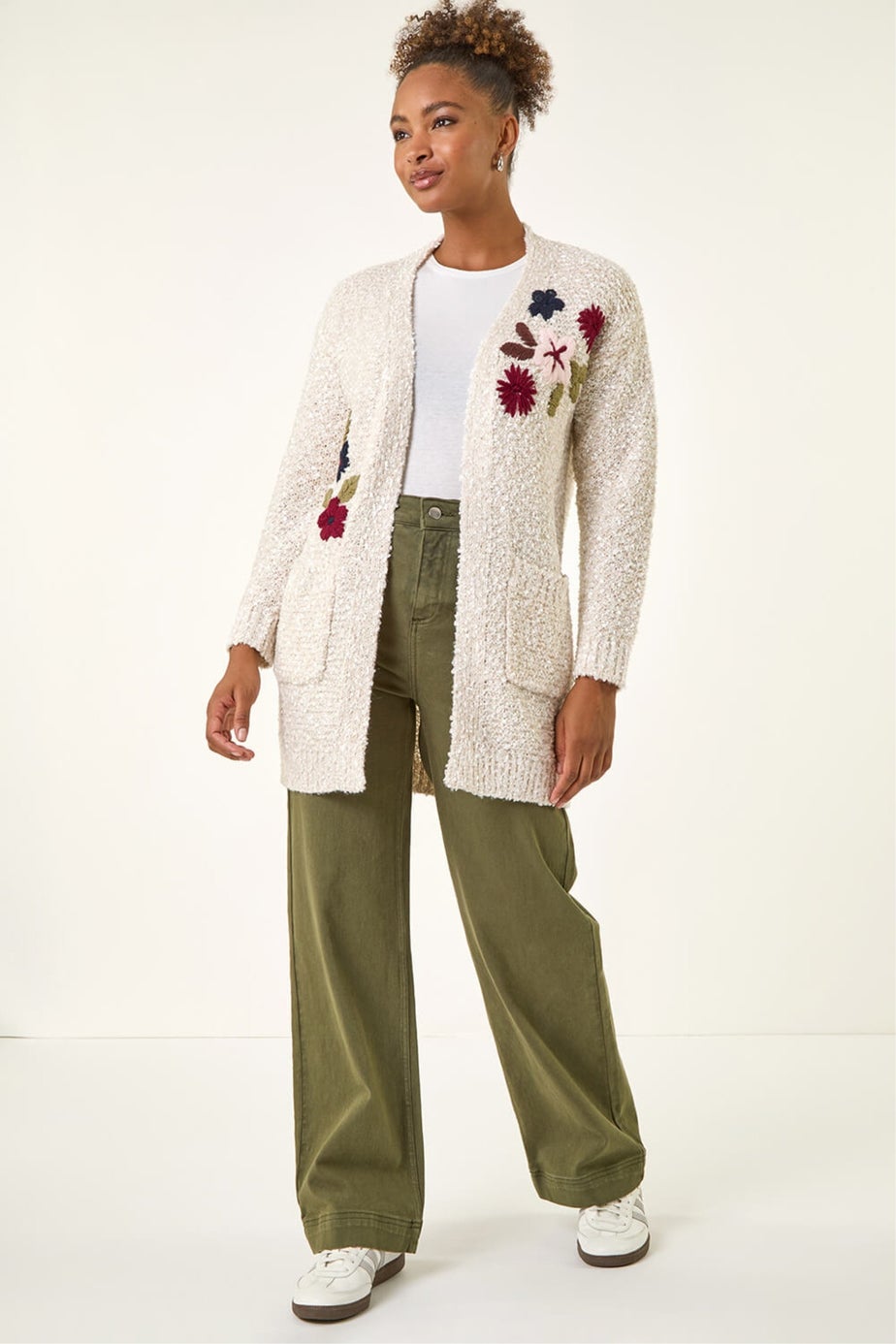 Roman Ivory Embroidered Floral Knit Cardigan