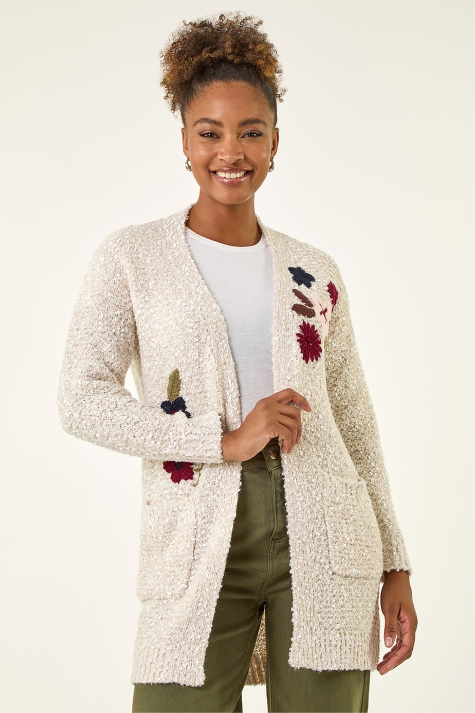 Roman Ivory Embroidered Floral Knit Cardigan